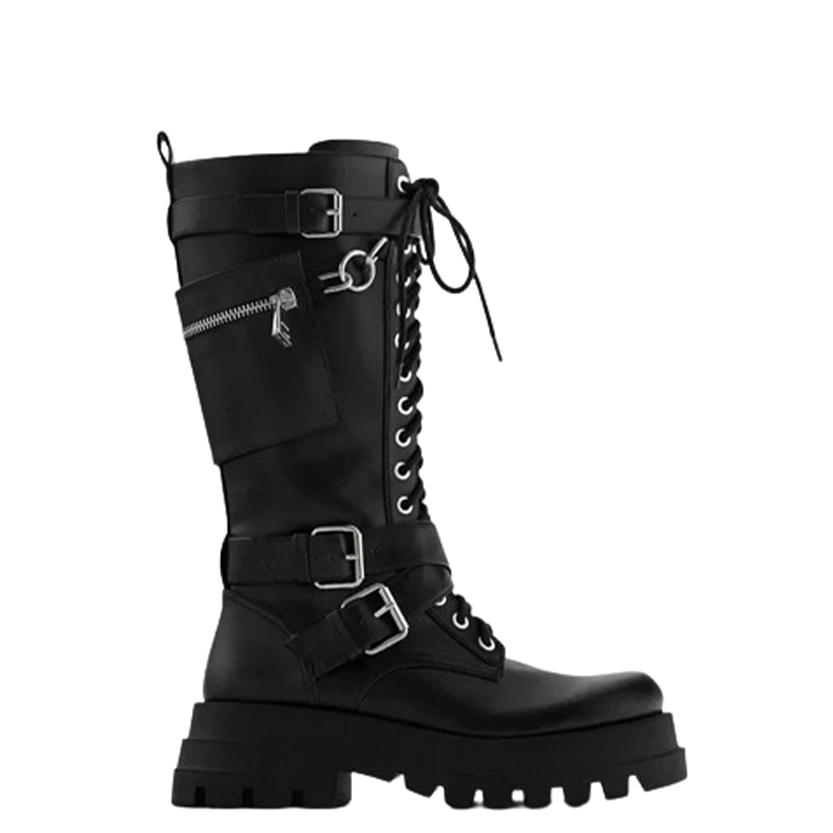 Funki Findz | Boots | Women's Knee High Silver Chain Biker Boot