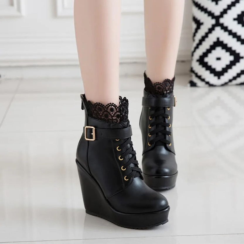 Funki Findz | Boots | Women's High Lace Top Wedge Ankle Boots