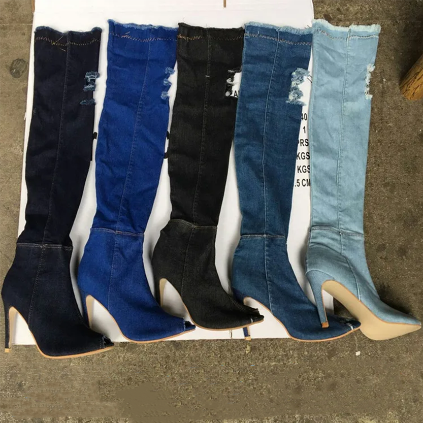 Funki Findz | Boots | Women's Denim Over Knee Stiletto Boots