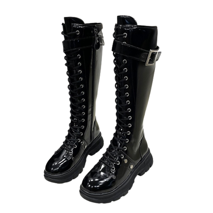 Funki Findz | Boots | Women's Patent Buckle Strap Lace Up Boot