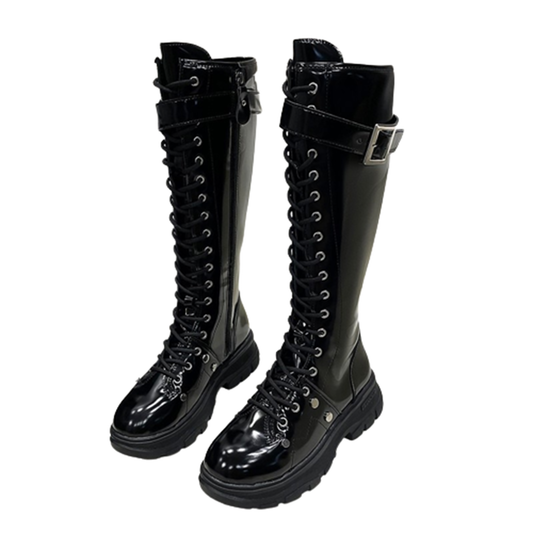 Funki Findz | Boots | Women's Patent Buckle Strap Lace Up Boot