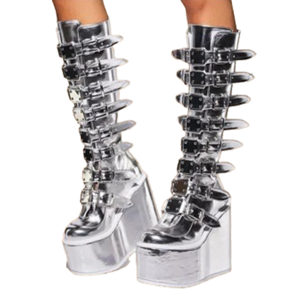 Funki Findz | Boots | Women's Red Buckle Strap Platform Boots