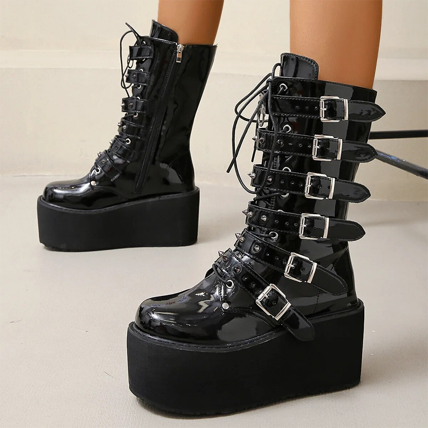 Funki Findz | Boots | Women's Buckle Strap Wedge Biker Boots