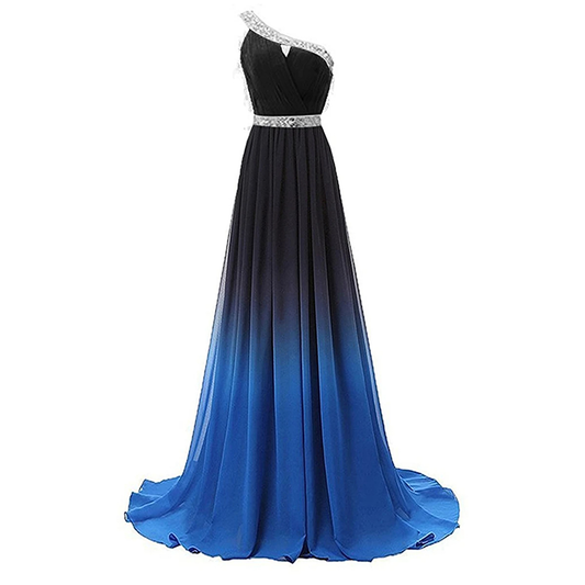 Black to blue gradient evening gown with a one-shoulder design on a white background