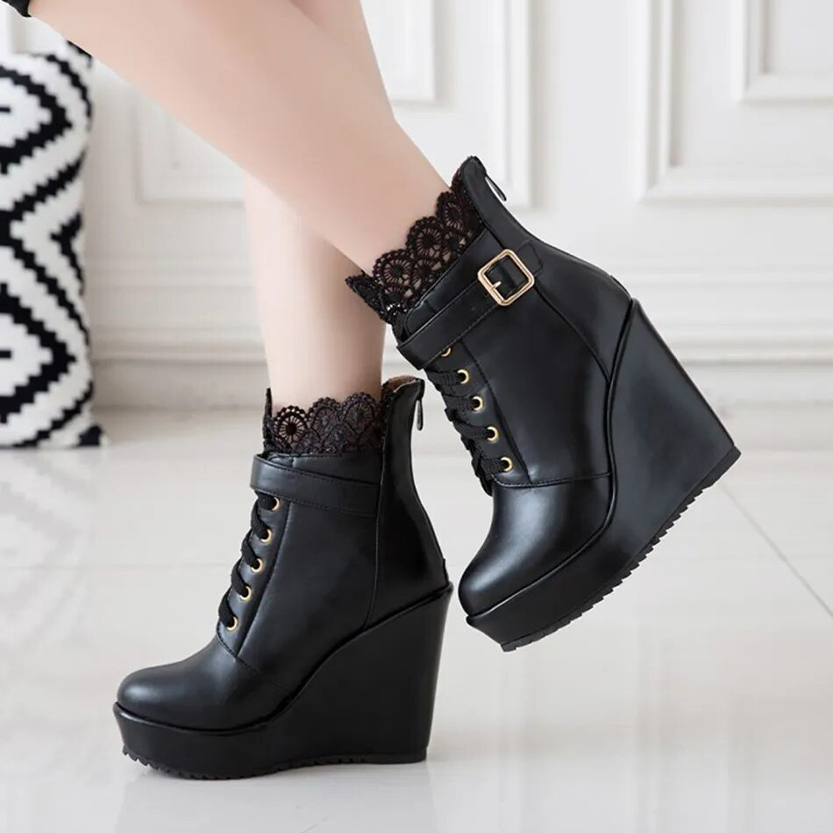 Funki Findz | Boots | Women's High Lace Top Wedge Ankle Boots