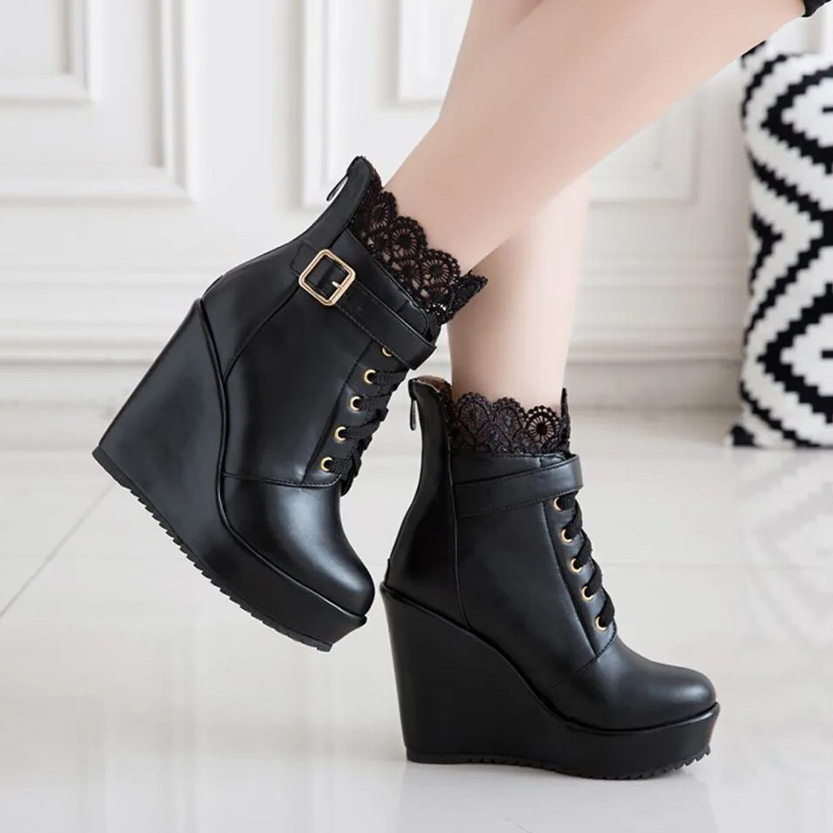 Funki Findz | Boots | Women's High Lace Top Wedge Ankle Boots