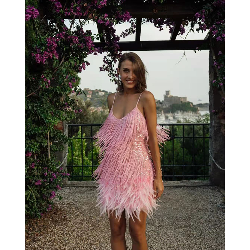 Funki Findz | Dresses | Women's Sequin Feather Fringe Dress