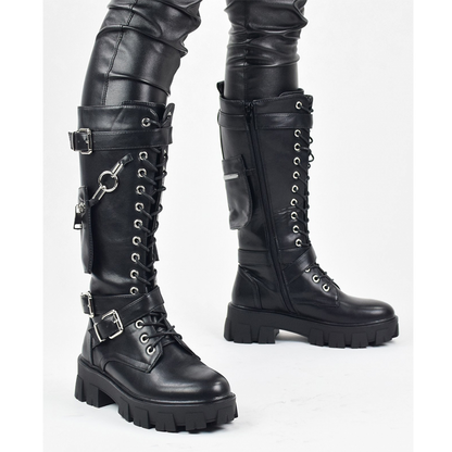 Funki Findz | Boots | Women's Knee High Silver Chain Biker Boot
