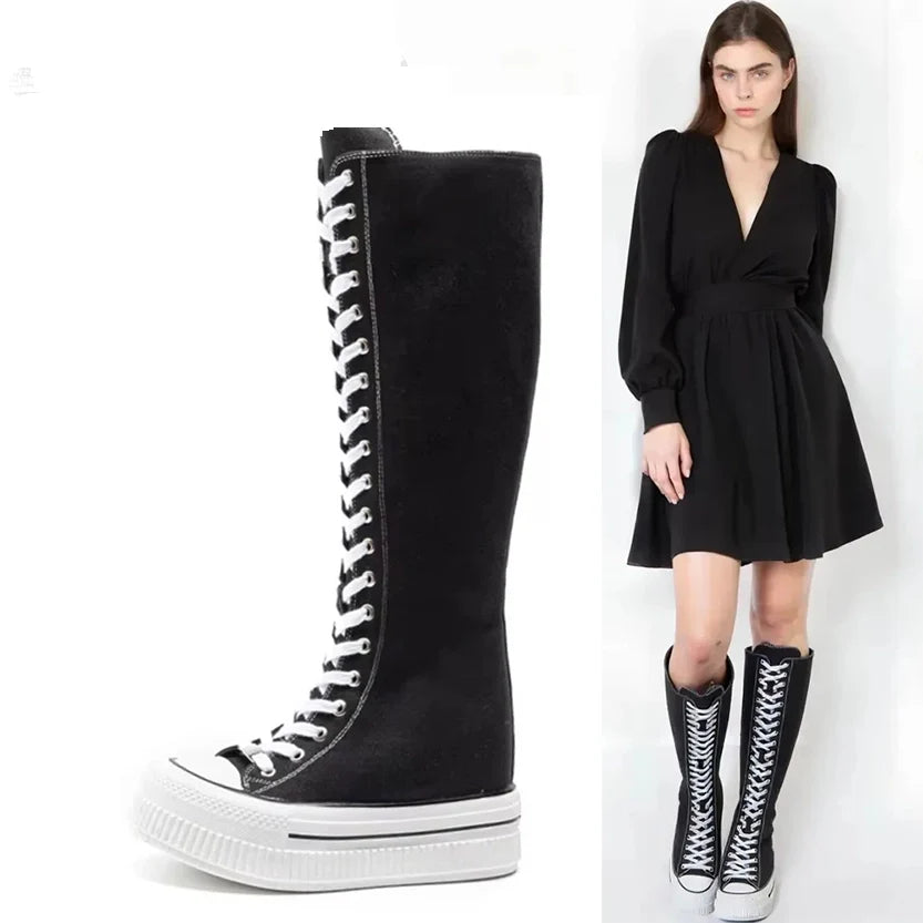 Funki Findz | Boots | Women's Lace Up Knee High Canvas Boots