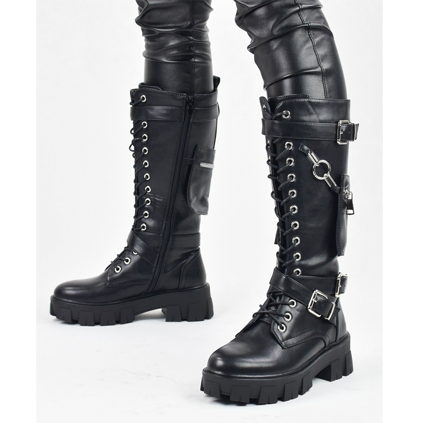 Funki Findz | Boots | Women's Knee High Silver Chain Biker Boot