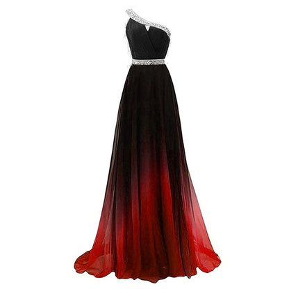 Black and red gradient evening gown with beaded waistband on a white background