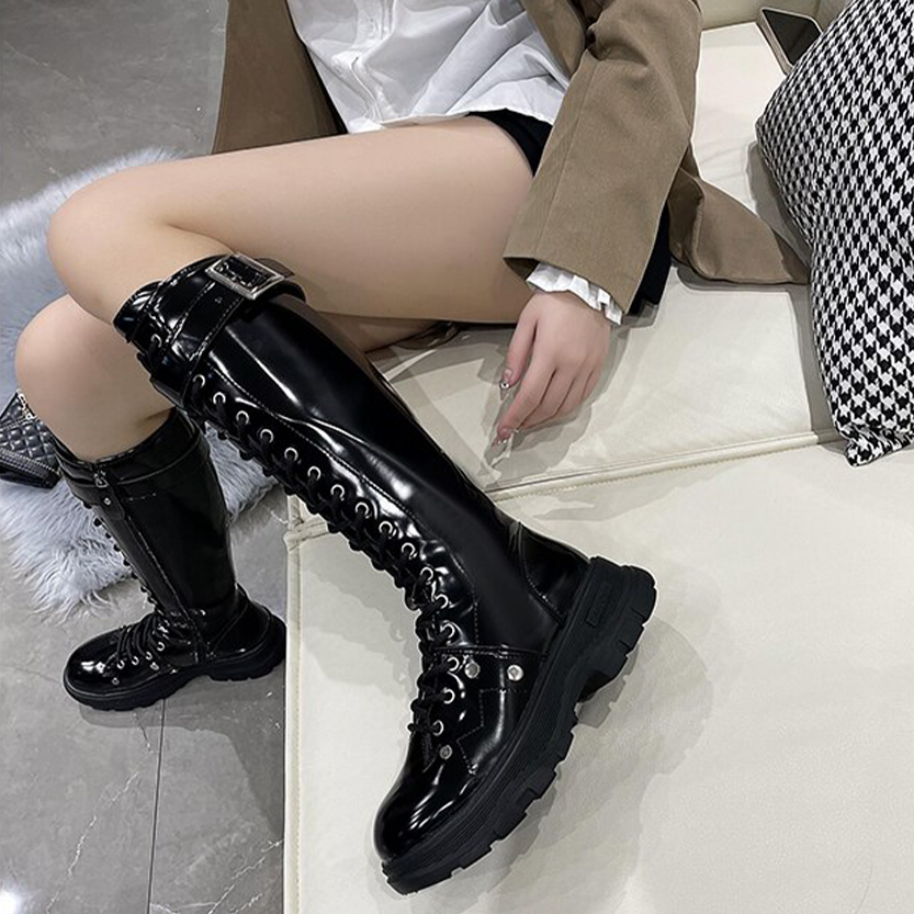 Funki Findz | Boots | Women's Patent Buckle Strap Lace Up Boot