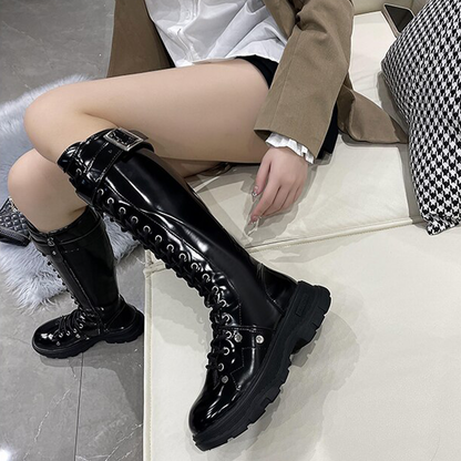 Funki Findz | Boots | Women's Patent Buckle Strap Lace Up Boot
