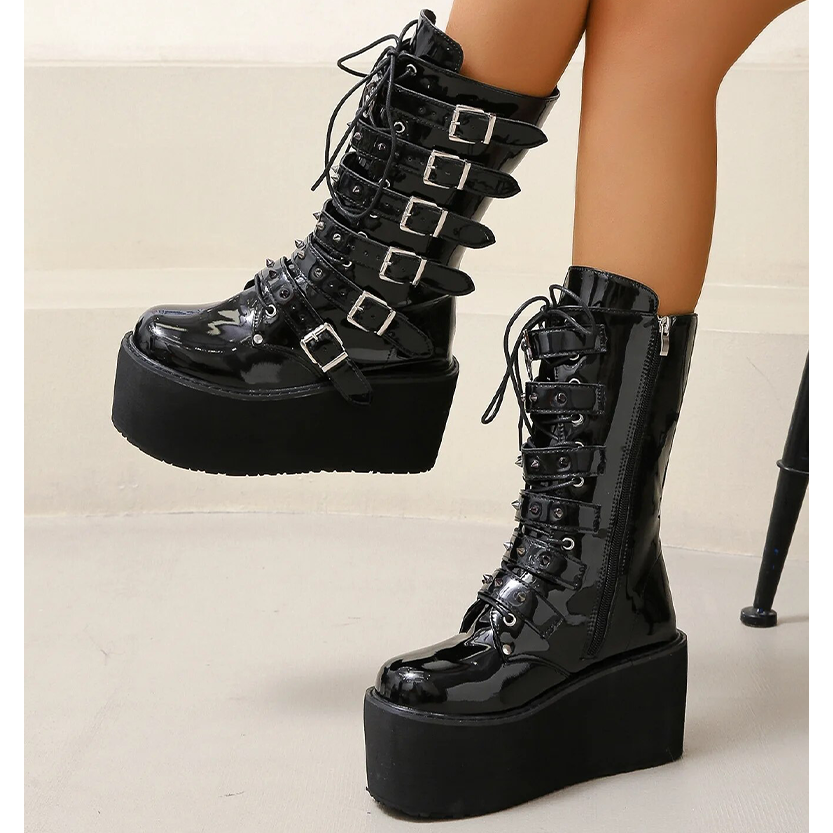 Funki Findz | Boots | Women's Buckle Strap Wedge Biker Boots