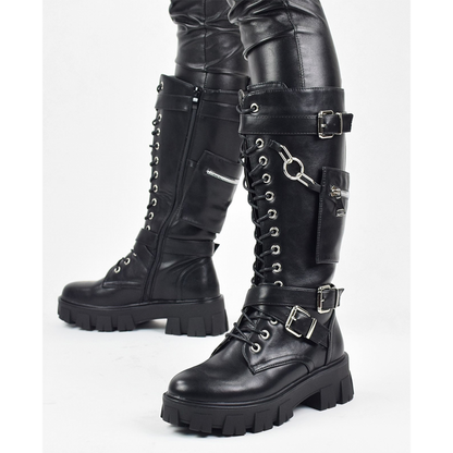 Funki Findz | Boots | Women's Knee High Silver Chain Biker Boot