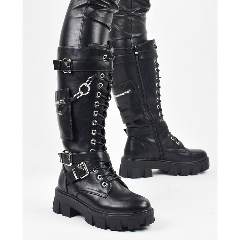 Funki Findz | Boots | Women's Knee High Silver Chain Biker Boot