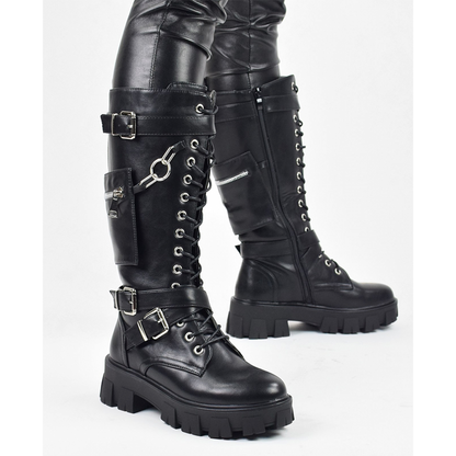 Funki Findz | Boots | Women's Knee High Silver Chain Biker Boot