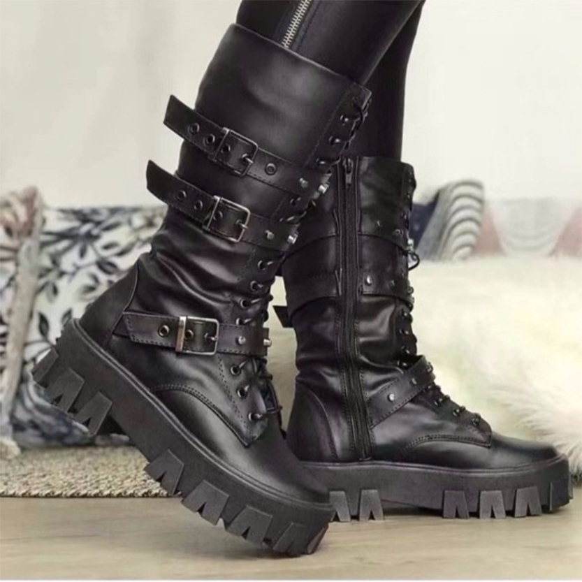 Funki Findz | Boots | Women's Mid-Calf Lace-Up Motorcycle Boot