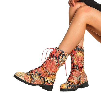 Funki Findz | Boots | Women's Flower Print Lace Up Calf Boots