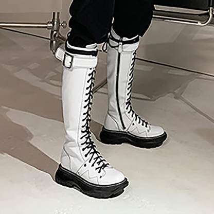 Funki Findz | Boots | Women's White Knee High Lace Up Boots