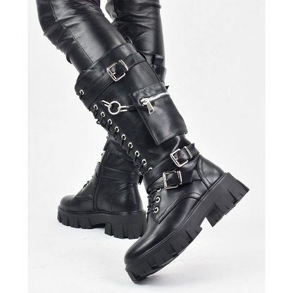 Funki Findz | Boots | Women's Knee High Silver Chain Biker Boot
