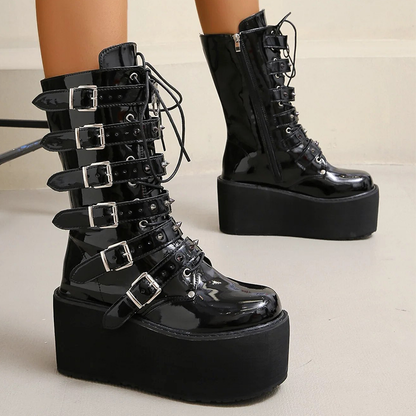 Funki Findz | Boots | Women's Buckle Strap Wedge Biker Boots