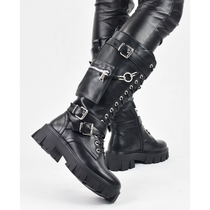 Funki Findz | Boots | Women's Knee High Silver Chain Biker Boot