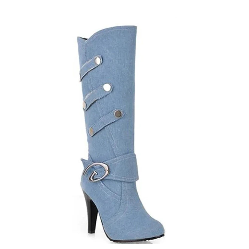 Funki Findz | Boots | Women's Knee High Denim Stiletto Boots