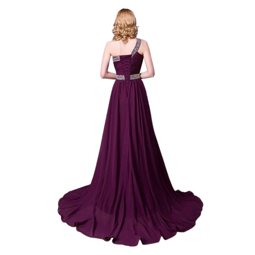 Purple evening gown with a single shoulder strap on a white background