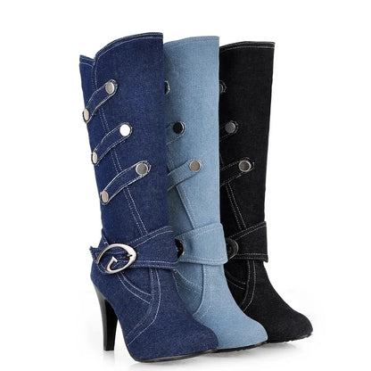 Funki Findz | Boots | Women's Knee High Denim Stiletto Boots