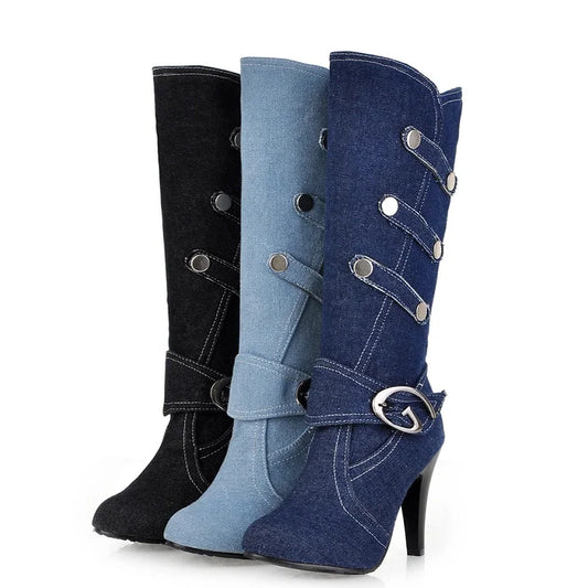 Funki Findz | Boots | Women's Knee High Denim Stiletto Boots