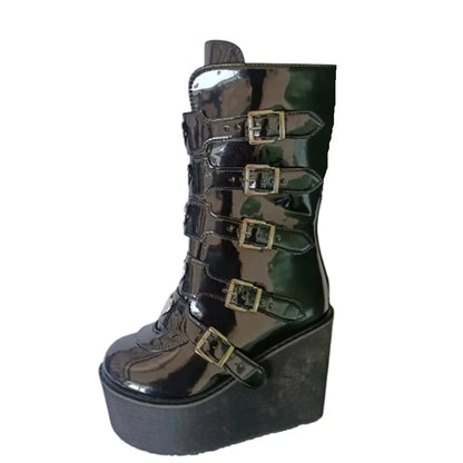 Funki Findz | Boots | Women's High Chunky Wedge Buckle Boots