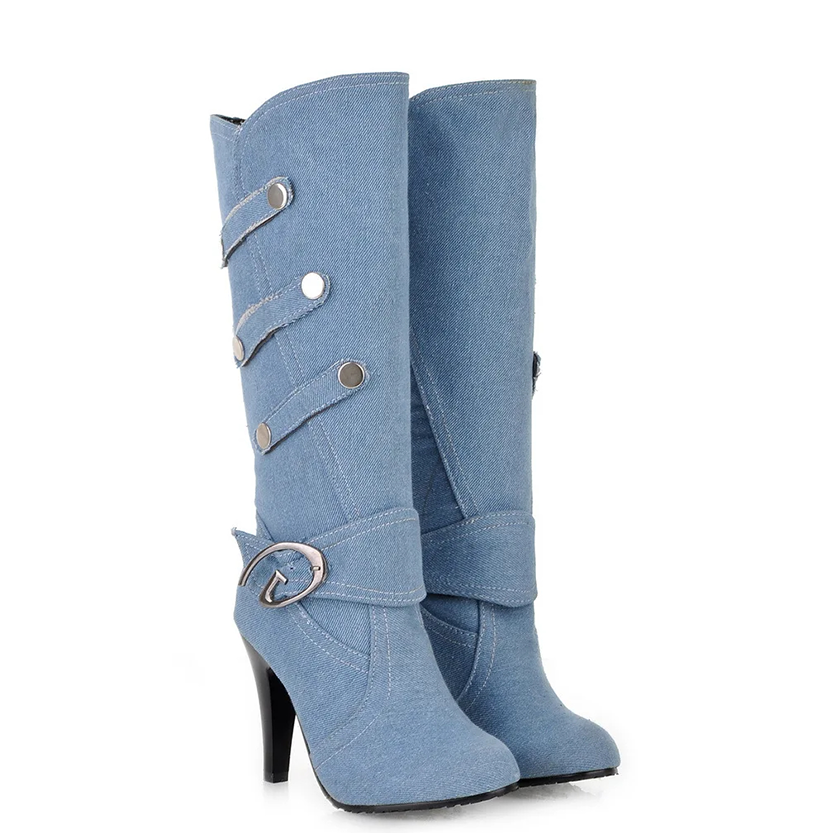 Funki Findz | Boots | Women's Knee High Denim Stiletto Boots