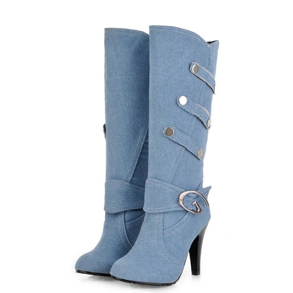 Funki Findz | Boots | Women's Knee High Denim Stiletto Boots