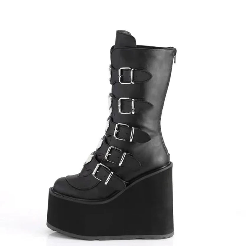 Funki Findz | Boots | Women's High Chunky Wedge Buckle Boots