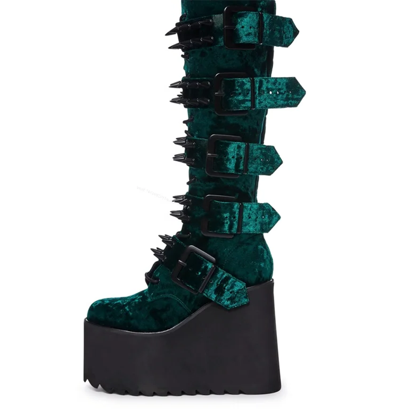 Funki Findz | Boots | Women's Green Wedge Platform Rivet Boots