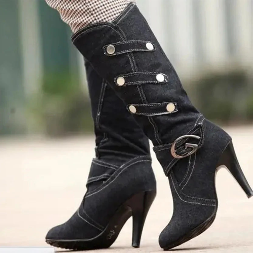 Funki Findz | Boots | Women's Knee High Denim Stiletto Boots