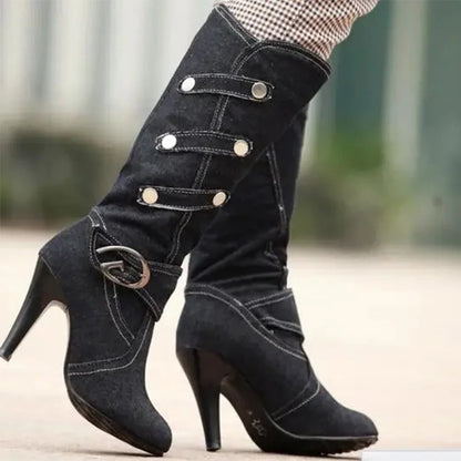 Funki Findz | Boots | Women's Knee High Denim Stiletto Boots