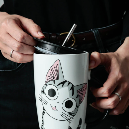 Funki Findz | Mugs | Large Ceramics Cat Mug | Spoon Lid | 20oz