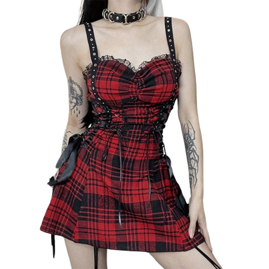 Funki Findz | Dresses | Women's Alt Goth Red Plaid Lolita Dress