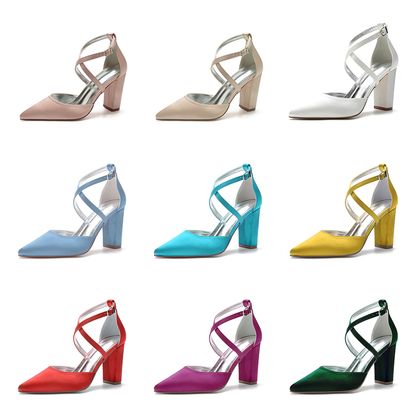 Funki Findz | Shoes | Women's Cross Strap Satin Block Heels