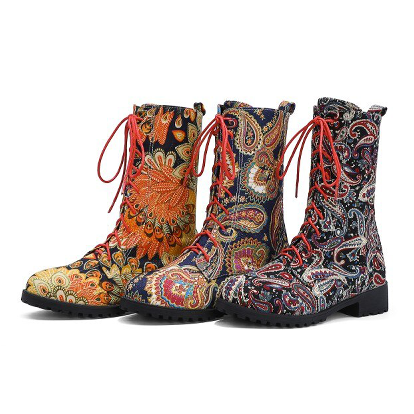 Funki Findz | Boots | Women's Flower Print Lace Up Calf Boots
