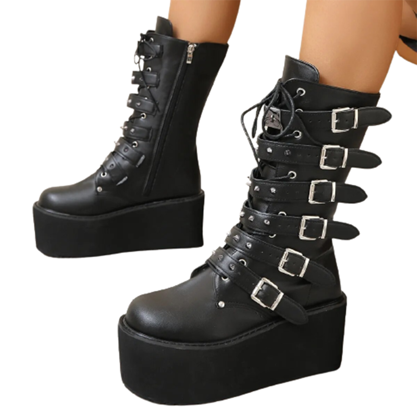 Funki Findz | Boots | Women's Buckle Strap Wedge Biker Boots