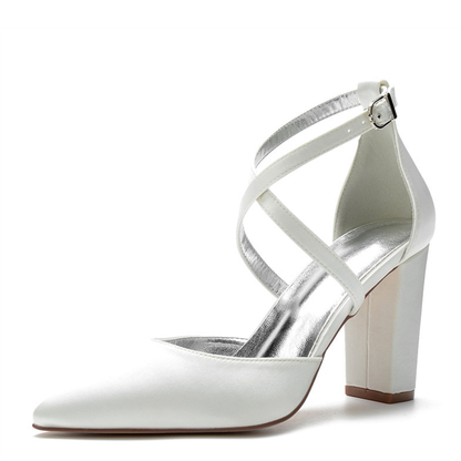 Funki Findz | Shoes | Women's Cross Strap Satin Block Heels