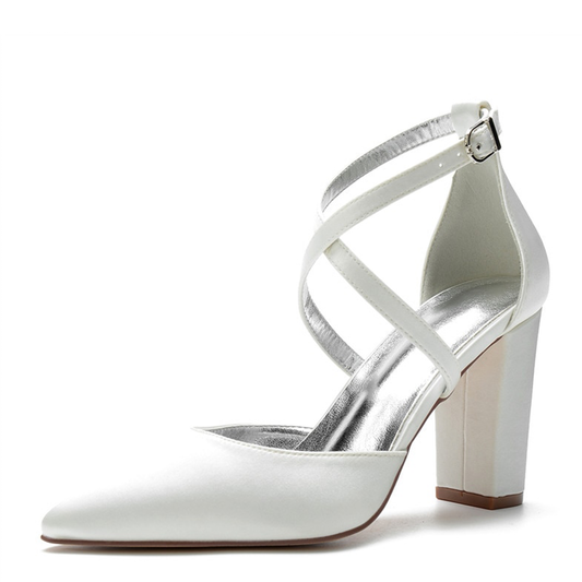 Funki Findz | Shoes | Women's Cross Strap Satin Block Heels