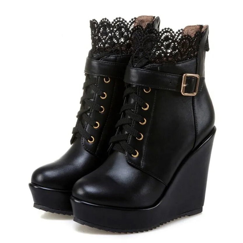 Funki Findz | Boots | Women's High Lace Top Wedge Ankle Boots