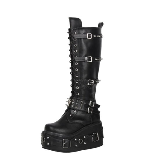 Funki Findz | Boots | Women's Gothic Buckle Rivet Wedge Boots