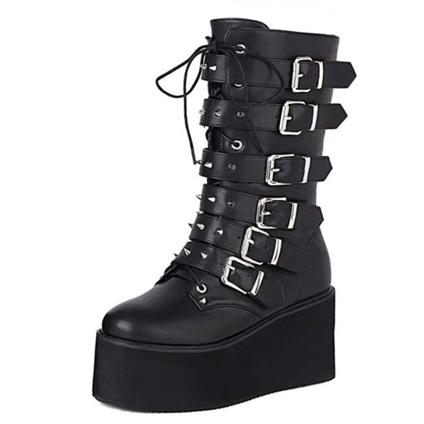 Funki Findz | Boots | Women's Buckle Strap Wedge Biker Boots