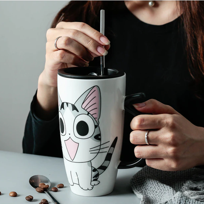 Funki Findz | Mugs | Large Ceramics Cat Mug | Spoon Lid | 20oz
