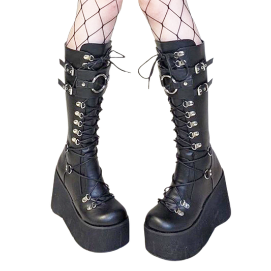 Funki Findz | Boots | Women's Goth Lace Up Platform Wedges